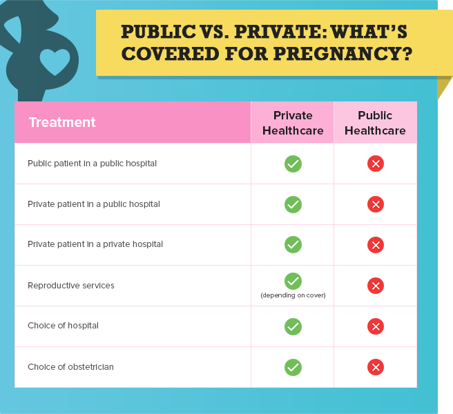What's covered in the public and private healthcare system for pregnancy?